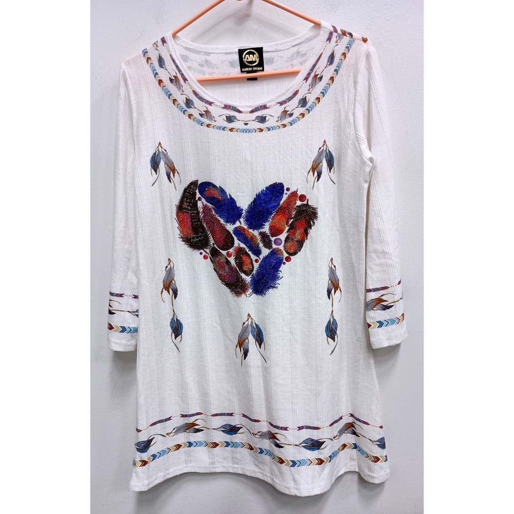 Ameri Mode Tunic Top Womens S/M White Feather Heart Rhinestone Boho Western